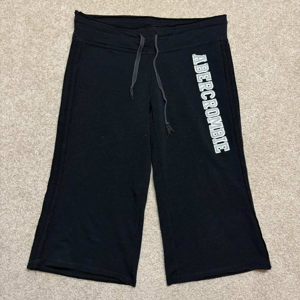 Y2K Abercrombie Capri Pants Womens Medium Black Cotton Drawstring Moose Yoga Vtg